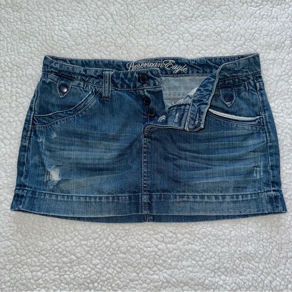 Y2K AE low rise jean denim mini skirt American Eagle distressed 90s 2000s VTG 8 - Picture 2 of 7